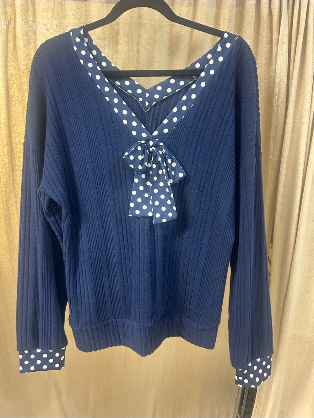 Top Secret Navy Polka Dot Trim Bow V-Neck Women's Sweater